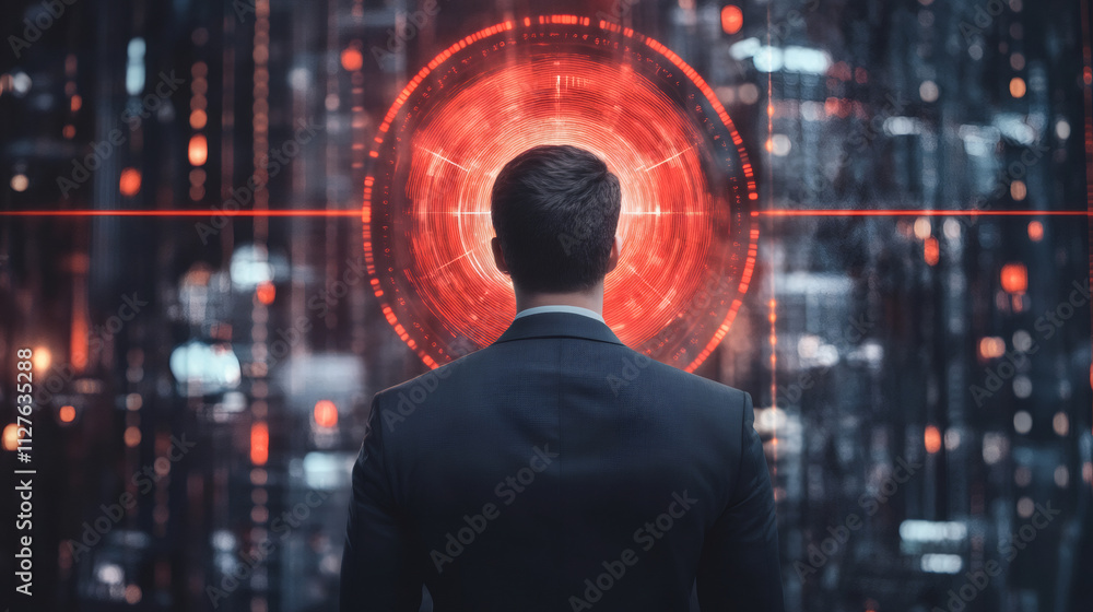 Poster businessman looking at futuristic head-up display interface showing data analysis and red alert sign