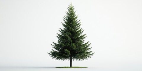Obraz premium A beautifully symmetrical evergreen tree stands alone on a patch of grass against a pristine white background, showcasing its natural elegance and structural simplicity.