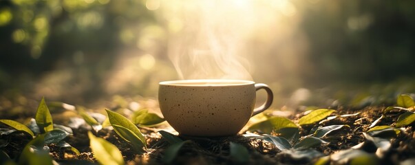 Ceramic tea cup in serene forest, sunlight filtering through leaves, forest tea vibes, calming menu design
