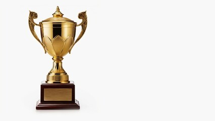 Golden steel trophy, dual handle neo-classic, isolated on white. Trophy is a tangible, durable reminder of a specific achievement, serves as recognition/evidence of merit, awarded for sporting events