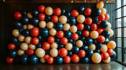 Festive balloon wall backdrop for events.