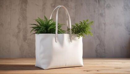 Stylish white tote bag with blank space for custom design on a wooden surface with a small plant, customizable, template
