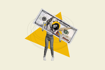 Composite photo collage of upset business girl inside dollar banknote addiction money poor bankrupt...