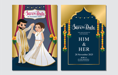  Wedding invitation card the bride and groom cute couple in traditional indian dress cartoon character