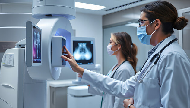 In the Hospital, Mammography Technologist / Doctor adjusts Mammogram Machine for a Female Patient. Modern Technologically Advanced Clinic with Professional Doctors. Breast Cancer Prevention Screenin