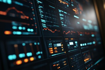 Obraz premium Abstract digital data visualization on a dark screen featuring graphs, charts, and metrics that represent analytics and technology in a modern business environment