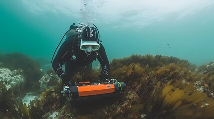 Underwater diver operating equipment on seabed.