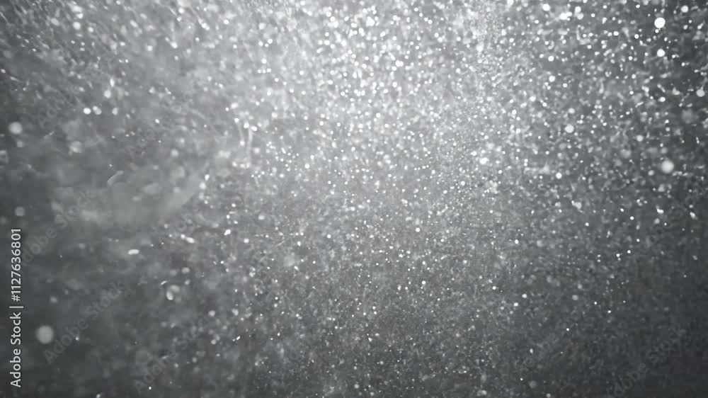 Poster monochromatic video shows a dolly in towards a wall of cascading particles in grayscale