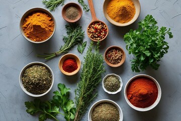 Birds Eye View of Key Spices and Garden Herbs for Colorful Cooking Creations