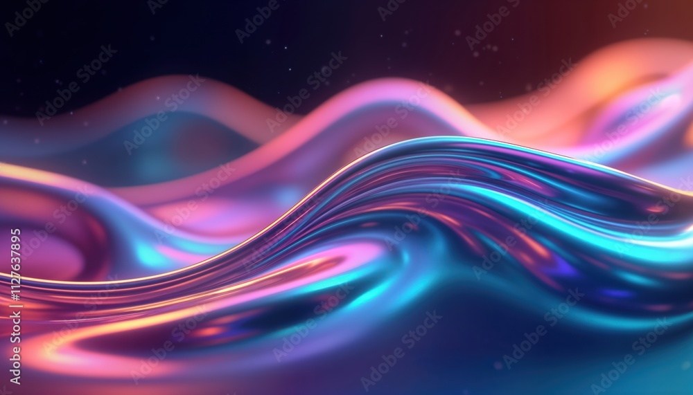 Poster abstract iridescent holographic wave with fluid motion. vibrant colors like purple blue pink, yellow