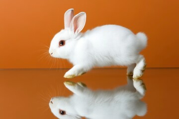 Obraz premium Adorable White Rabbit Hopping Playfully on a Reflective Surface Against a Warm Orange Background Capturing the Joy of Spring and Softness of Fur
