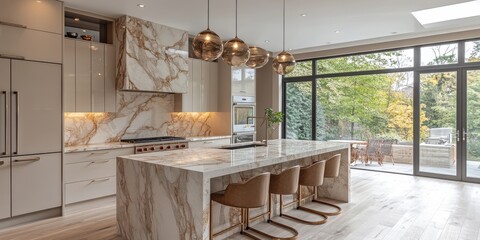 A modern and luxurious kitchen interior features marble countertops, sleek cabinetry, and pendant lighting with a view of a lush backyard garden.