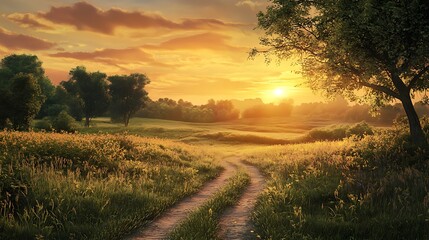 A serene landscape at sunset with a winding path through lush greenery.