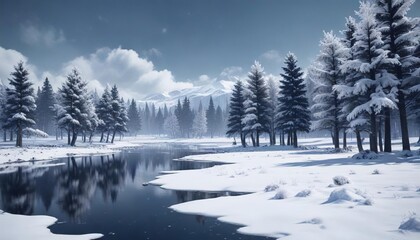 Obraz premium Navy blue winter landscape with snow-covered trees and a frozen lake, snowflakes, frost, holiday scene