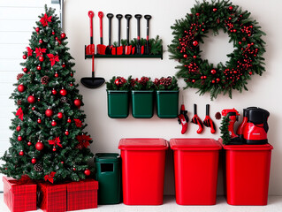 Garage Christmas Decor with Storage Bins and Christmas Tree
