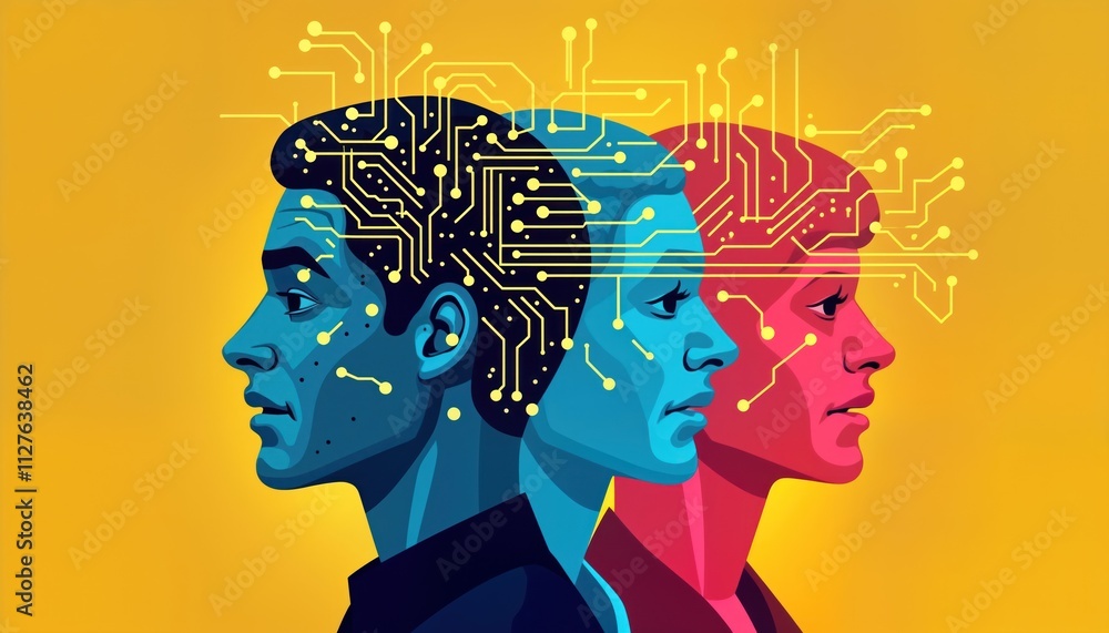 Poster Three stylized human profiles face sideward. Connected colorful tech circuits on heads. Modern tech concept. AI, machine learning futuristic illustration. People with advanced tech. Innovation,