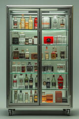 Photographie d'une vitrine en verre moderne avec cadre métallique, sans poignées et bouteilles d'alcool, design épuré sur fond blanc