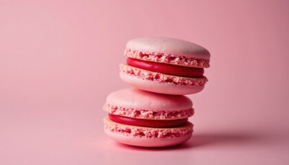 Two pink macarons stacked on pink background. Macarons red filling. Sweet dessert. Trendy food photo. Perfect for baking blog social media. Tasty treat. Food photography. Yummy treats. High-quality