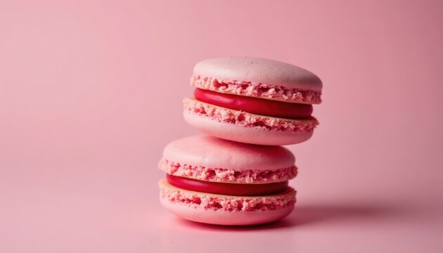 Two pink macarons stacked on pink background. Macarons red filling. Sweet dessert. Trendy food photo. Perfect for baking blog social media. Tasty treat. Food photography. Yummy treats. High-quality