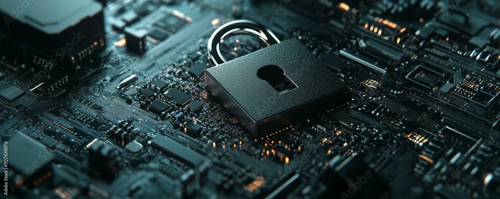 Poster minimalist padlock on abstract circuit board background, representing sleek and effective data prote