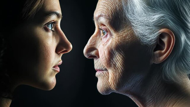 Young woman looking at senior woman with black background
