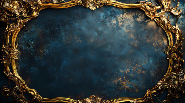 Ornate gold gilded frame against a dark blue background with a painterly texture. Gilded. Illustration