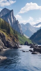 mountains and a body of water with rocks and trees in the foreground