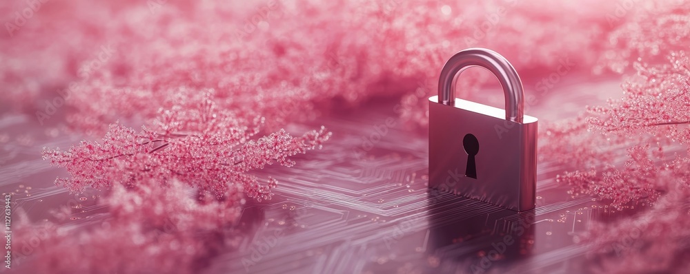 Poster minimalist padlock on abstract circuit board background, representing sleek and effective data prote