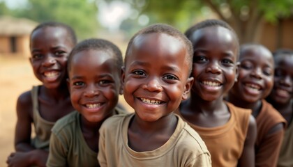 Smiling children in rural African village. Children happy, display resilience. Community spirit apparent. Likely students. Setting likely educational center. Photo captures joy, optimism.