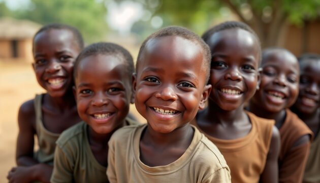 Smiling children in rural African village. Children happy, display resilience. Community spirit apparent. Likely students. Setting likely educational center. Photo captures joy, optimism.