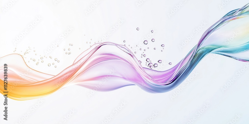 Poster Abstract illustration of liquid flowing. Rainbow gradient slime drops on white background. Transparent liquid creates smooth curves. Bubbles float within liquid. Layers create visual depth. Perfect
