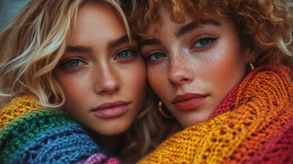 Obraz premium A captivating image featuring two individuals closely embracing each other with warmth, wrapped in a vibrant and colorful knitted scarf, exuding a sense of togetherness and unity.