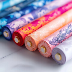 Vibrant Chinese silk scrolls in colorful patterns and intricate designs