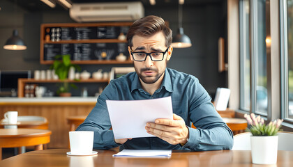 Fototapeta premium Confused frustrated man reading letter in cafe, receiving bad news isolated with white highlights, png