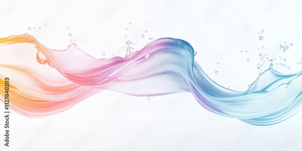 Poster Abstract illustration shows liquid flowing in wavy patterns. Colors rainbow gradient. Liquid flows in layers. Transparent effect clear. White background. Stylish, vibrant. Good for design elements