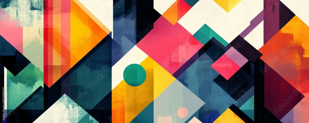 Poster multicolored geometric shapes on an abstract patchwork background
