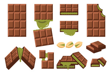 Set of Dubai Chocolate, Green Kunafa and pistachio stuffed inside a chocolate bar, broken pieces of Chocolate isolated set collection, simple flat vector illustration.