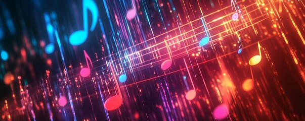 Obraz premium Music notes merging with equalizer bars, vibrant color gradients, modern music technology concept