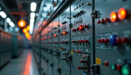 Low voltage switchgear at power plant. Electrical tech equipment controls energy distribution. Many red, blue buttons, switches, indicators. Industrial tech automation, electric network. Modern power