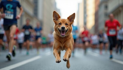 Happy dog jumps joyfully amid city marathon runners. People run fast on city road. Dog focus of image. Dynamic scene of athletic event. Urban setting. Daytime. Active lifestyle. Pet enjoying fun.