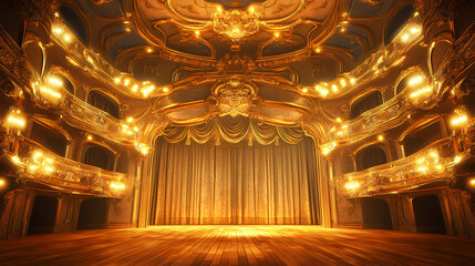 Obraz premium Golden ornate theater with elegant gilded stucco and intricate design, featuring lights. Gilded. Illustration