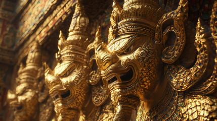Obraz premium Golden statues of mythical creatures in ancient temple showcase intricate craftsmanship and opulence. stunning details and rich colors evoke sense of wonder and history. Gilded. Illustration