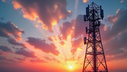 Telecommunication tower with antennas against dramatic sunset sky. Metal structure transmits signals for cell phone, TV. Sunrise sunset light paints sky in warm colors. Modern tech infrastructure.