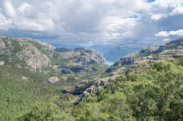 Obraz premium Rock formations on the route to Preikestolen (The Pulpit Rock), a tourist attraction in Rogaland county, Norway