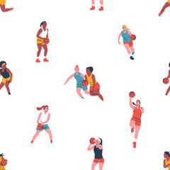 Diverse basketball player woman athlete team seamless pattern. Colorful retro style basket ball game female players print illustration. Includes slam dunk, jump pose women background.	
