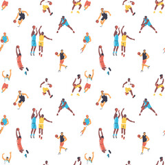 Diverse basketball player men athlete team seamless pattern. Colorful retro style basket ball game male players print illustration. Includes slam dunk, jump pose background.	
