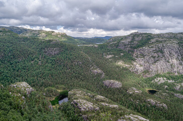 Rock formations on the route to Preikestolen (The Pulpit Rock), a tourist attraction in Rogaland county, Norway