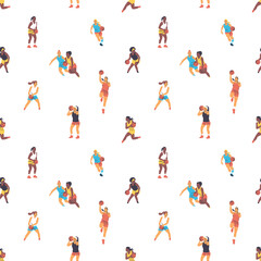 Fototapeta premium Diverse basketball player woman athlete team seamless pattern. Colorful retro style basket ball game female players print illustration. Includes slam dunk, jump pose women background. 