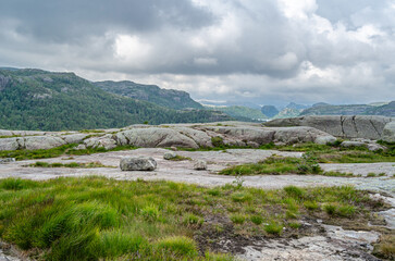 Rock formations on the route to Preikestolen (The Pulpit Rock), a tourist attraction in Rogaland county, Norway