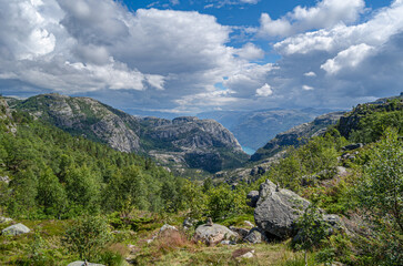 Obraz premium Rock formations on the route to Preikestolen (The Pulpit Rock), a tourist attraction in Rogaland county, Norway